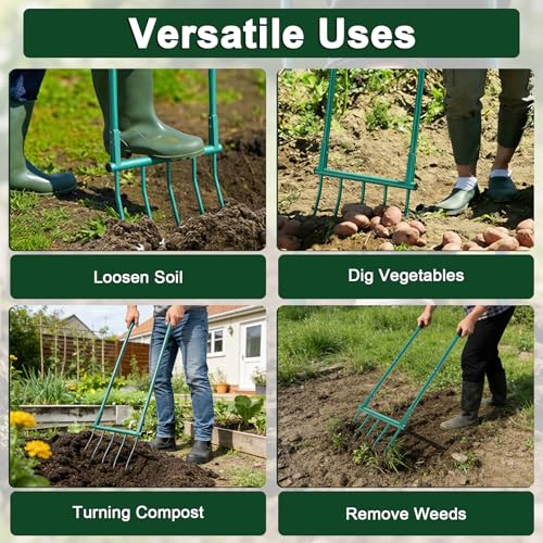 Broad Fork Garden Tool, 5 Tines Heavy-Duty U-Shaped Hand Tiller | 55 Inch Detachable Ergonomic Broadfork for Digging, Cultivating & Loosening Soil, Gardening & Farming