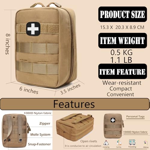First Aid Kit EMT Medical IFAK Pouch Molle Tactical Med Emergency Bag Tan | Molle Tactical Trauma Utility Emergency Kits for Camping Home Car Hiking Hunting - color: Tan