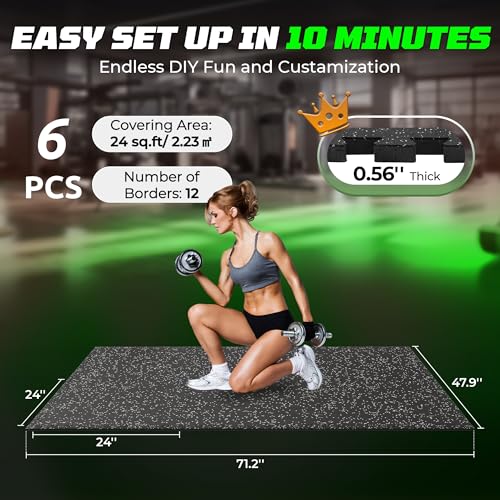 PRAISUN 0.56" Rubber Top Gym Flooring, Heavy Duty Gym Mats for Home Gym | Non-Slip Interlocking Workout Mat, 24 x 24in Large Gym Floor Mat, Protect Floors from Equipment, 24 Sq Ft, Black/Grey - size: 6 Tiles (24 Sq Ft)