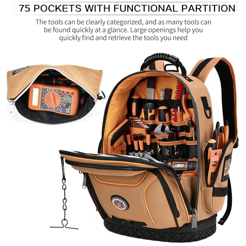 Tool Bag Backpack with 2 Canvas Tool Pouch Tool Kit, 75 Pockets & Loops Heavy Duty Tools Organizer/HVAC Tool Carrier for Eelectrician/Construction Work with Molded Base and Combination Lock, Brown - color: Brown2