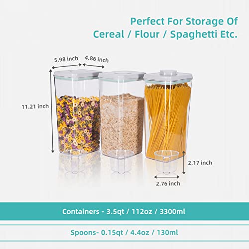 Airtight Pop Cereal Container, 3300ml Each Large Cereal Containers with Scoops Food Storage Canister Dispenser Perfect For Cereal Flour Spaghetti Rice Kitchen Organizing 3.5qt - color: 3300ml*3