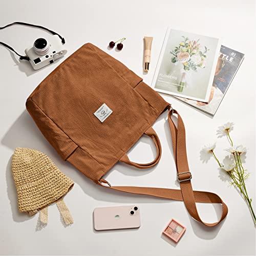 KALIDI Corduroy Tote Bag, Large Slouchy Hobo Messenger Crossbody Bag | Anti Splash Zipper Side Pockets Shoulder Bag Adjustable Strap Lightweight Casual Work Shopping Women - color: Kakhi