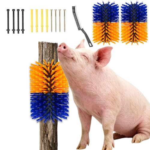2PCS Pig Scratching Brush and 1PC Cleaning Brush, Self-Grooming Livestock Brushes with 8 Mounting Screws, Effective Itch Relief Brush for Pigs, Donkeys, Sheep and Deer