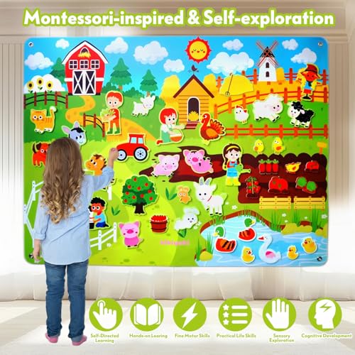 Felt Busy Board for Kids 3-5, Farm Animals Story Set for Children Play | Large Wall Activity, Montessori Toys, Barnyard Theme Interactive Sensory Toys, Preschool Early Learning Play Kit, Classroom