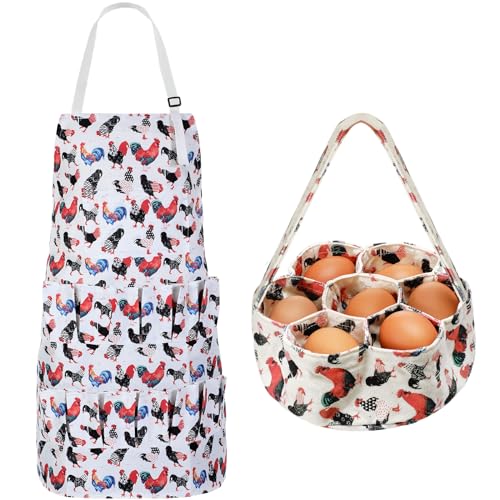 Cutecrop 2 Pcs Egg Collecting Apron and Basket, 15 Gathering Pockets Chicken Apron and 7 Pockets Basket for Farmers Kitchen(Classic Style) - style: Classic Style