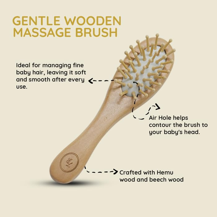 Wooden Baby Brush Set - 3 Pack | Massage Brush, Soft Goat Hair Cradle Cap Brush & Sturdy Wooden Comb for Tangle-Free Baby Hair Grooming | Pull-Free, Gentle on Baby’s Scalp