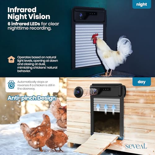 Automatic Chicken Coop Door with HD Camera | Solar Powered 5000mAh Battery | Remote, Timer & Anti-Pinch Sensor | App-Controlled Monitoring Door Opener (Black) - color: Black