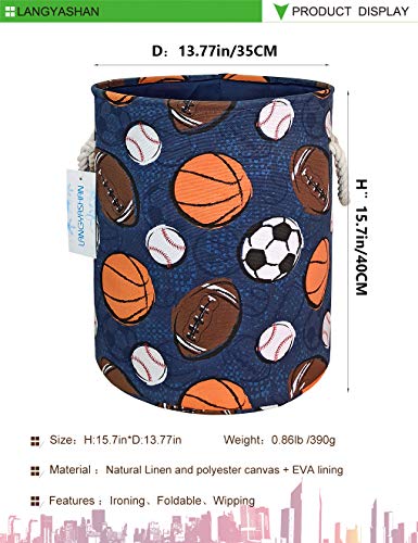 Round Thick Navy Ball Game Laundry Basket Collapsible Organizer Boys Girls | Canvas Foldable Storage Hamper Sturdy Rope Handles for Household Gift Baskets Bedroom Clothes Toys Children Nursery - color: Navy Ball Game