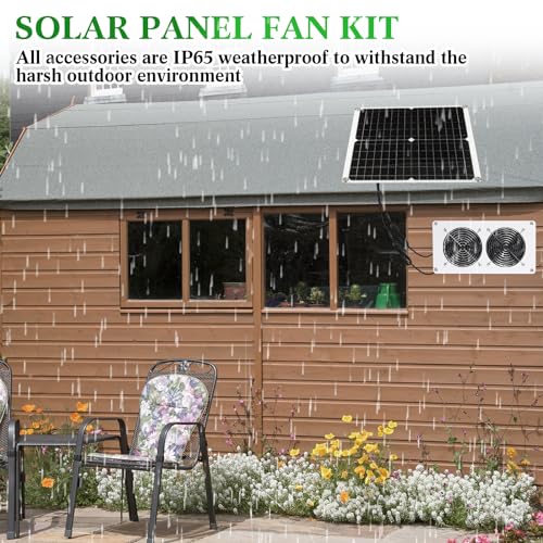 Rossesay 1 Set 25W 12V Solar Powered Fan for Chicken Coop Waterproof Solar Panel Exhaust Fans USB Portable Metal Shell for Shed Greenhouse Outside Air Ventilation Pet Dog House