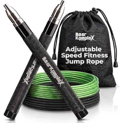 Bear KompleX Speed Jump Rope - Adjustable Tangle-Free Skipping Rope, Lightweight Handles, Smooth 360° Swivel Bearings, 2 Steel Cables, Free Carrying Case - color: Black/Green