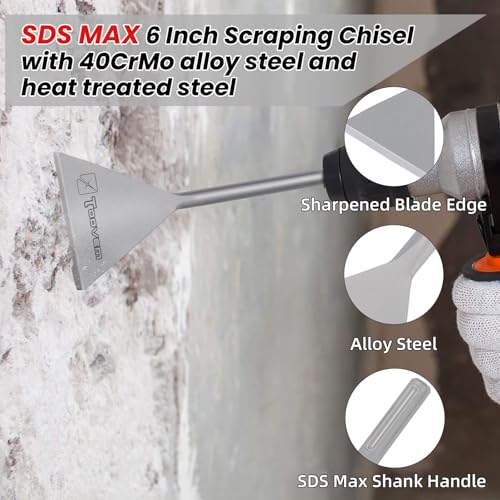 TOOVEM 6 Inch Wide SDS Max Chisel for SDS Max Shank Rotary Hammer Drills | Floor Scraper Tile Removal Scraping Steel Flat Shovel Bit Tool for Removing Floor, Concrete Mortar Thinset