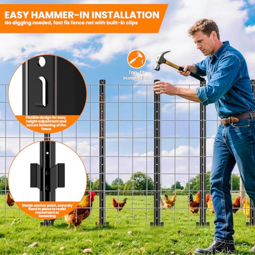 16 Pack Metal Fence Posts,5 FT Garden Fence Post,T Post for Wire Fence, No Dig Steel U Post Fencing，Black Garden Stakes for Temporary Fencing, Electric Fence Wire, Corner Anchor - size: 5ft-16PCS