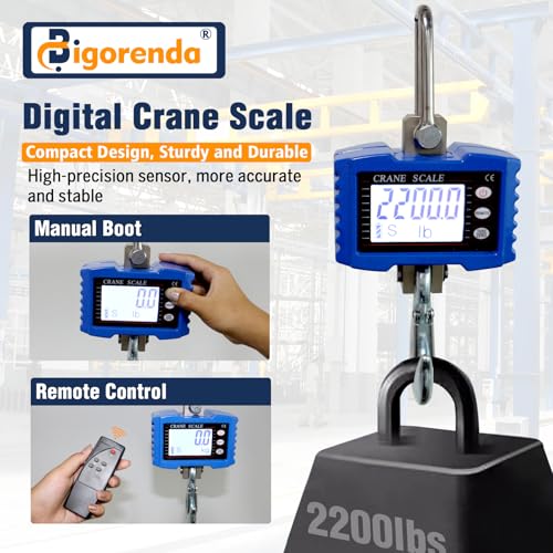 Digital Crane Scale,2200lb/1T Heavy Duty Digital Hanging Scale,Crane Scale Industrial with Remote Control and LCD Screen,High Precision Electronic Weighing Crane Scale for Market,Factory,Construction - size: 1T