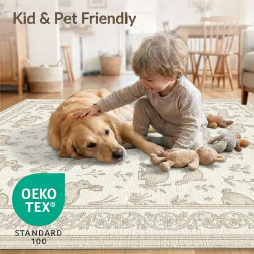 6'x9' Washable Flatwoven Rug, Ivory Farmhouse Rabbit Stain Resistant Large Carpet Non-Slip Chair-Friendly Floor Mat for Dining Room, Under Table, Office | Ref:1969513 - color: Beige/Pattern 21, size: 6' x 9' (Rectangular)