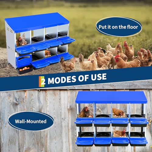 Chicken Nesting Box, Nesting Boxes for Chickens, 8 Compartments Chicken Laying Boxes with Lid Cover, Roll Away Nesting Box for Chickens Laying Egg to Protect Eggs, Blue