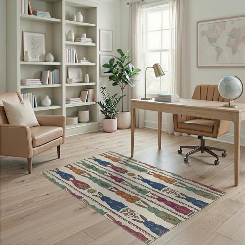 4'x6' Washable Bohemian Bunny Accent Rug, Green Non-Shedding Small Carpet Pet Friendly & Non-Slip for Playroom, Bedroom, Reading Nook | Ref:1969466 - color: Beige/Pattern 3, size: 4' x 6' (Rectangular)