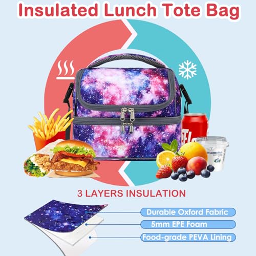 FlowFly Double Decker Cooler Insulated Lunch Bag Large Tote for Boys, Girls, Men, Women, With Adjustable Strap,Galaxy - color: Galaxy