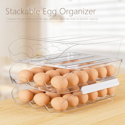 2 Pack Egg Holder for Fridge Automatic Rolling Egg Container Holds 36 Eggs | Clear Large Capacity Egg Storage Dispenser Organizer for Refrigerator with Lid - size: 2 Pack Holds 36 eggs