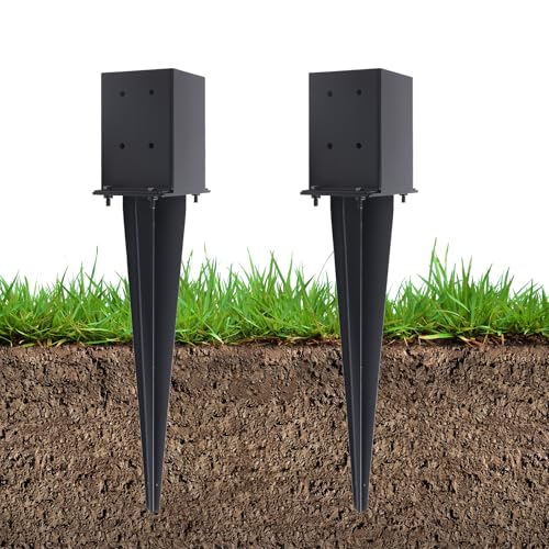 2 Pcs 22" Fence Post Anchor Ground Spike|Black Powder-Coated|4"x4" | Actual 3.6"x3.6" Heavy Duty Metal Fence Post Anchor for Deck| Fence| Porch| Railing| Mailbox - size: 2 Pcs, style: 4"x 4"