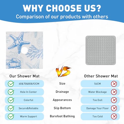 Square Shower Mat Non Slip: 32 x 32 Inch Extra Large Shower Mats with Drain Hole in Middle - PVC Loofah Anti Slip Shower Floor Matt for Inside Shower - color: Blue Starfish, size: 32" x 32" (Square)
