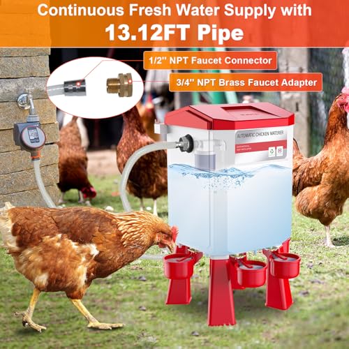 Automatic Chicken Waterer 2 Gallons, Float-Controlled Chicken Water Feeder with 4 Water Cups, 158.4-Inch Hose with 3/4'' and 1/2'' Ends, Large Poultry Waterer for Chick Quail Duck Turkey, Red - color: Red