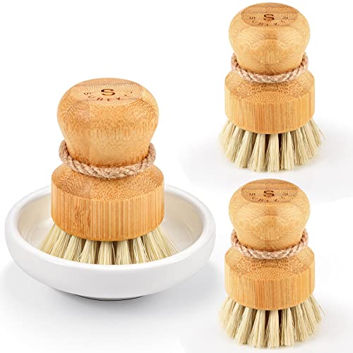 SUBEKYU Bamboo Dish Scrub Brush,Produce Brush,3 Pack with Ceramic Holder | Vegetable Brush,Natural Sisal Bristles,Kitchen Wooden Cleaning Scrubbers Set - color: Ceramics Base + 3p Sisal Brushes, size: Regular size