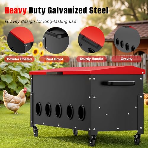 120lb Automatic Metal Chicken Feeder, Heavy Duty Gravity Chicken Feeder Box with Weatherproof Lid Brake Casters,Portable Chicken Feede No Waste Poultry Feeder for Ducks, Geese