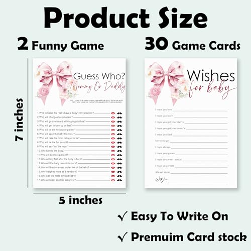 Wishes for Baby & Mommy Or Daddy Theme Baby Shower Game Activities-30 Pink Bow & Flowers Double-Sided Game Cards(5’’x7 ’’) for Boys & Girls-Gender Neutral Decorations & Supplies-A04 - color: Wishes for Baby & Mommy Or Daddy