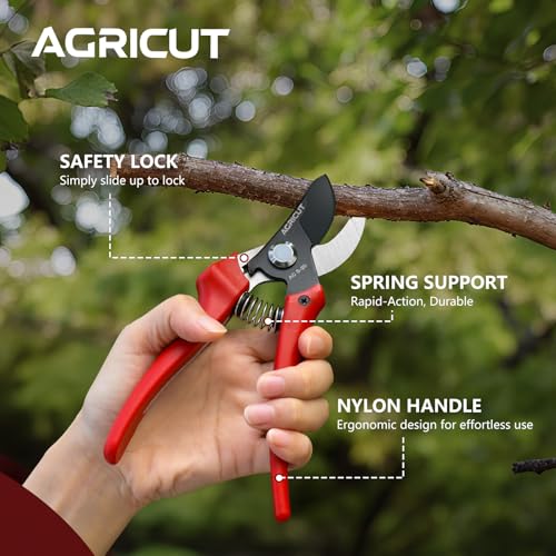 AGRICUT 7" Pruning Shears Heavy Duty Professional, Made of Japanese SK5 Steel Blades, 4/5 Cut Capacity, Bypass Hand Pruners Garden Clippers for Tree Flower Branch Trimming, S20 - style: Nylon Handle, High Carbon Steel