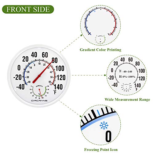 Circrane 13.25 Inch Round Thermometer with Hygrometer, Large Indoor Wall Patio Bimetal Weather Thermometer, No Battery Required, White - color: White