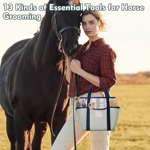 Horse Grooming Kit for Bathing, 13Pcs Horse-Brush Set with Mesh Bag, Shower Brushes, Braiding and Curry Comb, Sweat Scraper, Hoof Pick, Shedding Massaging Tool Supplies for Riders Beginners - size: 13 Count (Pack of 1)
