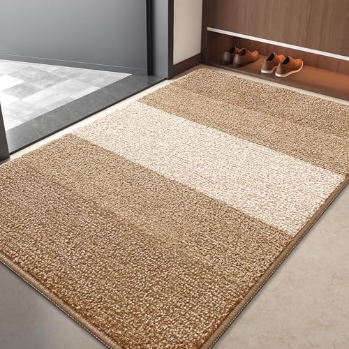 Kitinjoy Indoor Outdoor Door Mat, 40x32 Non-Slip Dirt Trapper Doormats | Camel Low-Profile Washable Inside Entrance Front Floor Mat, Sturdy Soft Entry Striped Doormats for Entryway - color: Camel, size: 40'' X 32''