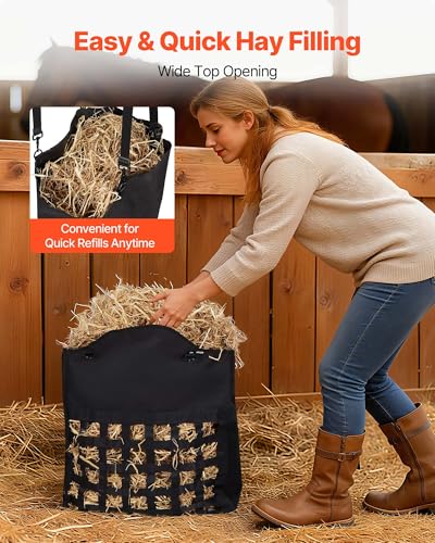 VEVOR Hay Bag for Horses, 21.65 x 7.28 x 25.2 in, 1.81 x 1.81 in Holes, Premium Nylon Construction with PVC Waterproof Coating, Adjustable Hanging Straps and Metal Hooks, Slow Feed Hay Bag for Horses - size: 21.65 x 7.28 x 25.2 in