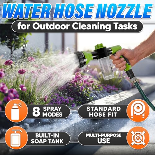 Car Wash Sprayer & Nozzle with Soap Dispenser, 3.5 oz Foam Tank (Green) | Hose Attachment for Car, Truck, and Dog Washing, Foam Control Dial, 8 Spray Patterns, Fits 3/4 In Hose, ABS Body, 2 O-Rings - color: Black, Green