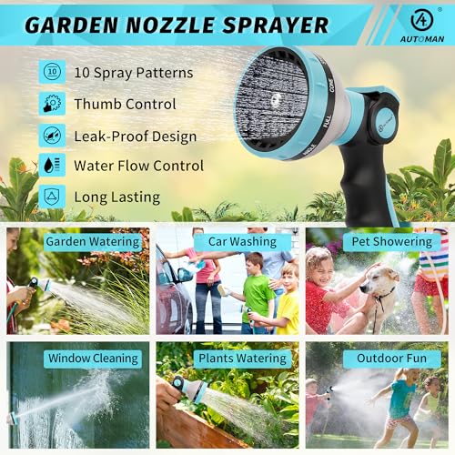 AUTOMAN Garden Hose Nozzle Sprayer - 10 Spray Patterns, 2 Pack Thumb Control Water Hose Nozzle Outdoor, Heavy Duty Spray Nozzles for Watering Garden, Cleaning Window, Washing Car, Showering Pets - color: Turquoise