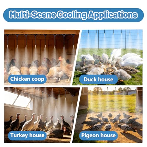 Kalolary 100FT Chicken Coop Misting Cooling System for Cooling Poultry | Pre-Assembled Kit with 25 Adjustable Brass Nozzles, Quick Connect Tubing Fittings for Summer Heat Garden Greenhouse Patio - color: 100FT Blue