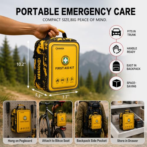 BUNKER INDUST 520 Piece All-in-One First Aid Kit, Emergency Storage Bag with Transparent Labeled Pockets, Durable 1000D Polyester Outdoor Gear for Vehicle Camping Backpacking Hiking Home Road Trip