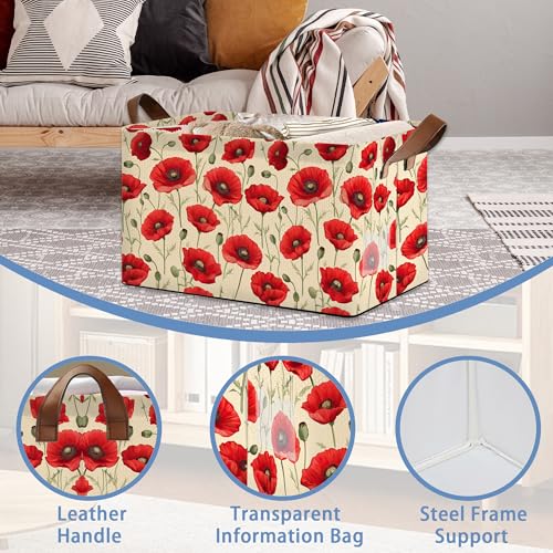 Vintage Poppy Flower Storage Baskets,Foldable Large Capacity Organizer Bins with Waterproof Lining and Leather Handles for Closet,Shelf,Bedroom 17x11.5x10Inch - color: Vintage Poppy Flower