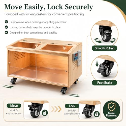 Wooden Chicken Brooder, Pine Wood Chick Brooder for Chicks with Thermostat with Heat Lamps, Thermostat & Locking Casters, Indoor Chick Brooder Box for Quail，Hamster and Small Animal (40x20x20 in)