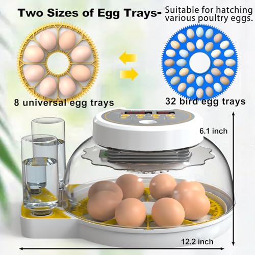Egg Incubators for Hatching Eggs, 8/30 Chicken Egg Incubator with Automatic Egg Turning, Temperature Control & Humidity Display, Egg Candler, Home Use for Chicken, Duck, Quail - 2 Egg Trays Yellow - color: Yellow