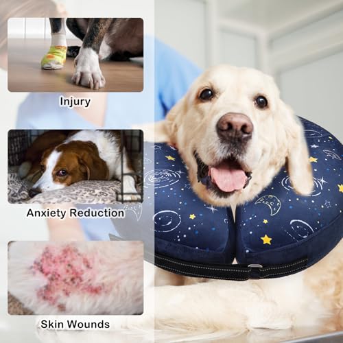 SCENEREAL Soft Dog Cone Alternative After Surgery for Large Medium Dogs | Inflatable Recovery Pillow Collar for Dogs, Adjustable Neck Donut to Stop Licking, Planet Print E-Collar, M - color: Navy Blue Planet, size: M(Neck 13"-16")