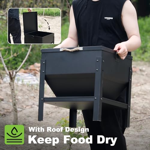 Solution4Patio All Metal Chicken Feeding Box 80 lbs Large Capacity Portable, Waterproof Lid, Hens and Roosters, No Waste Coop Poultry, Galvanized Steel Feeder Standing for Chickens