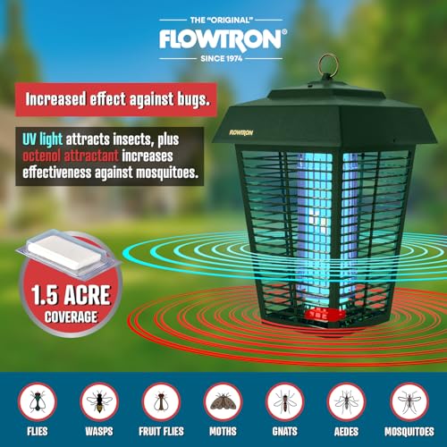 Flowtron Bug Zapper, 1.5 Acre Outdoor, Two 40W UV Bulb, 5600V Grid, Green | Protects yards and wooded areas - octenol lure attracts and helps eliminate mosquitoes, flies, and gnats - ETL certified - color: Green