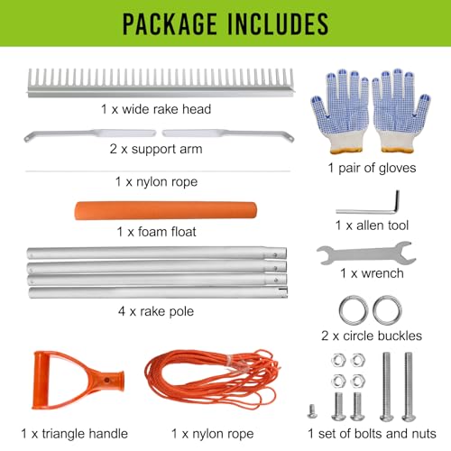 Floating Weed Lake Rake, 36 Inch Widths Pond Rake Aquatic Weed Rake, 133 Inch Extensible Multifunctional Folding Weeding Rakes, Aluminum Landscape Rakes with 49.2 FT Rope - style: 36 Inch Landscape Rake Set