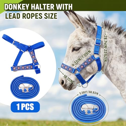 1 Set Mini Donkey Halter with Lead Rope Adjust, Blue | Nylon Head Collar, Cute and Stylish, for Miniature Donkey and Small Equines, Farm Ranch Pasture Outdoor, Gingham Plaid Trim - color: blue