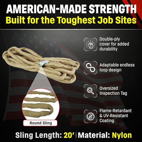 VR4 20ft Tan Endless Round Polyester Rigging Sling | USA Made, Double-Ply Cover, for Lifting & Material Handling, Capacity: 10,600 lb Vertical, 8,500 lb Choker, 21,200 lb Basket - size: 20 ft