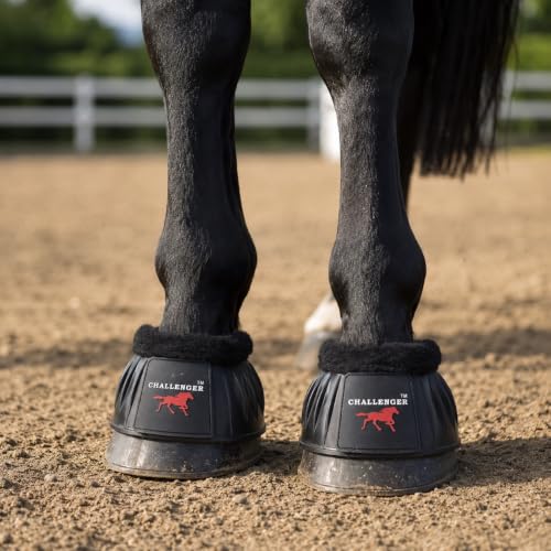 CHALLENGER Horse Training Ribbed Rubber Hoof Impact Overreach Protection Fleece Lined Bell Boots 41HI01 - color: Black, size: Medium