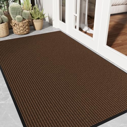 Front Door Mat 3' x 5', Dirt Trapper Dog Door Mat for Mud Wet Shoes & Paws, Low Profile Heavy Duty Indoor Outdoor Mats, Absorbent and Fade Resistant, Non-Slip Commercial Floor Mat, Brown - color: Brown Striped, size: 3' x 5'