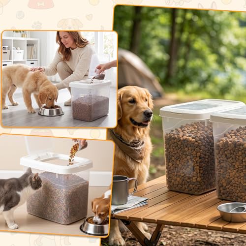 2 Pack 20 Lbs Airtight Dog Food Storage Container with Scoops | 2 Measuring Cups, Flip Lids, Clear Bins with Markings, Preserve Freshness, Pet Dog Cat Rice Grain Treat Storage - size: 20 Lbs