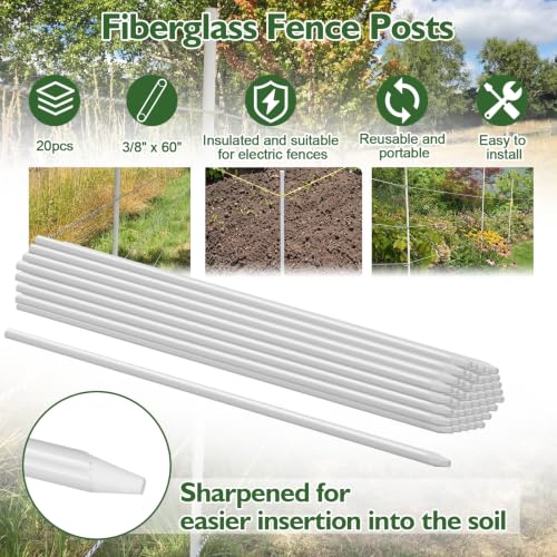 20 Pcs Fiberglass Fence Posts 3/8" x 60" White Fiberglass Rods Garden Stakes Fencing for Plants Tree Stakes DIY Projects Crafts Livestock Containment Temporary Electric Fence - size: 3/8" X 60"